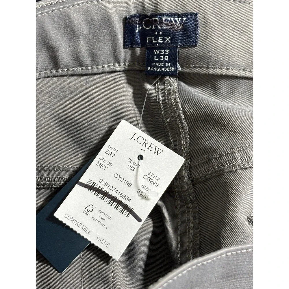 J.Crew Tech Pants Mens 33 30 Gray Slim Fit Flex Chino 5 Pocket Flat Front New